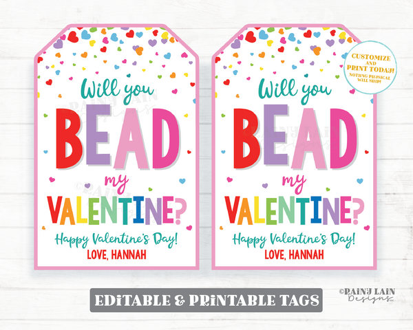Will You Bead My Valentine Tag Friendship Bracelet Necklace Valentine's Day Gift Tag Printable Kids Preschool Classroom Non-Candy School