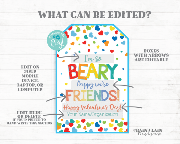 Beary happy we're friends Bear-y glad Gummy Bear Candy Gift Tag Preschool Editable Classroom Kids Printable Non-Candy Valentine