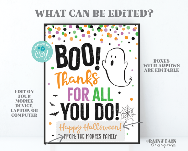 Boo Thanks for all you do Sign Halloween Thank you Gift Lounge Room Appreciation Favors Teacher Staff Employee School Company Editable