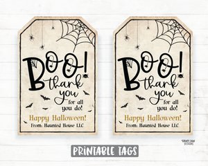 Boo Thank you for all you do tag Halloween Appreciation Teacher Staff Employee School Halloween Thank you Tag Halloween Gifts Tag Favor Tags