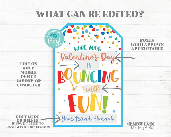 Bouncing with Fun Valentine Tag Valentine's day Bouncy Ball Favor Gift Editable Classroom Preschool Printable Non-Candy From Teacher Student