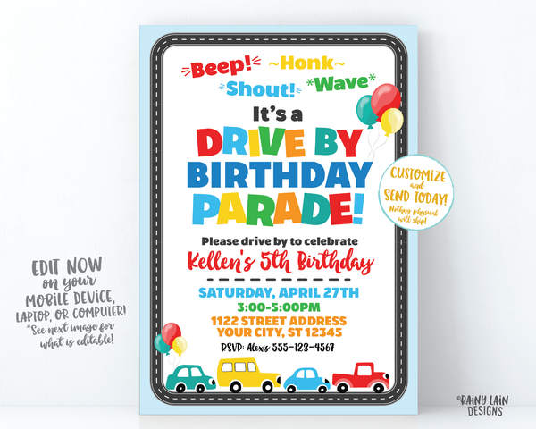 Drive By Birthday Parade Invitation, Drive By Party Invite, Social Distancing Party, Drive By Parade Boy Drive By Party Stay at Home Party