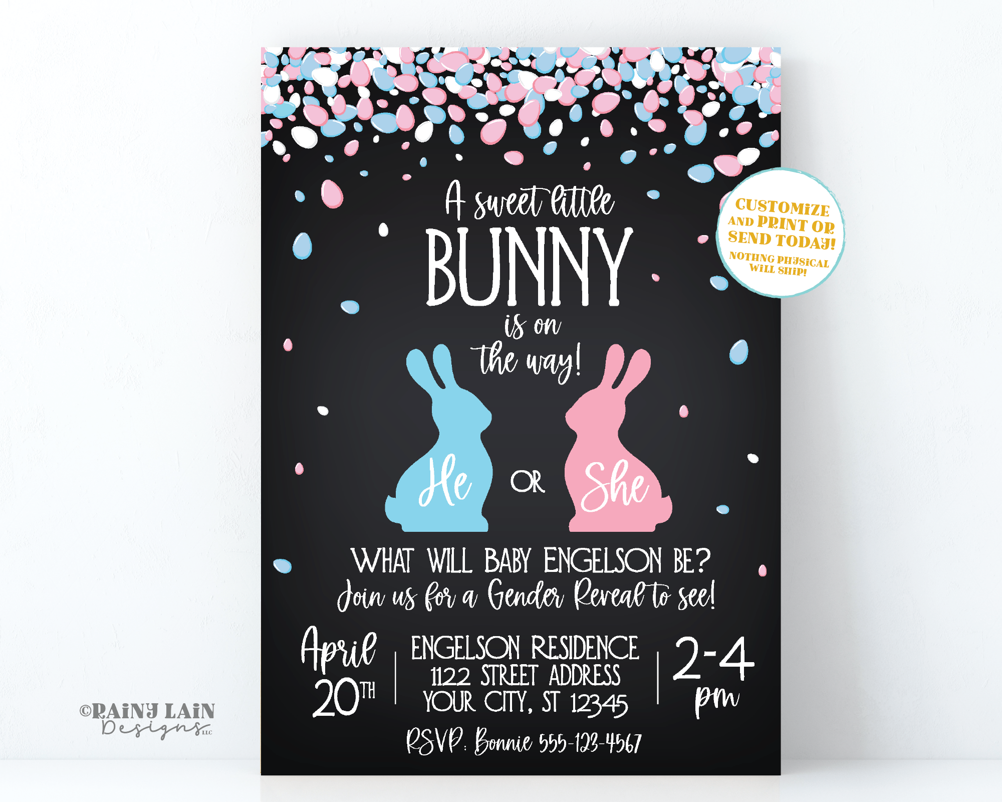 Easter Gender Reveal Invitation, A sweet little bunny is on the way, He or She what will our little bunny be, Chalkboard, Blue or Pink, Eggs