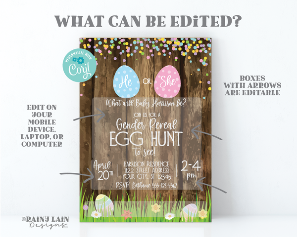 Easter Gender Reveal Invitation Gender Reveal Egg Hunt Invite He or She What will Baby Be Eggs Spring Gender Reveal Rustic Wood Grass