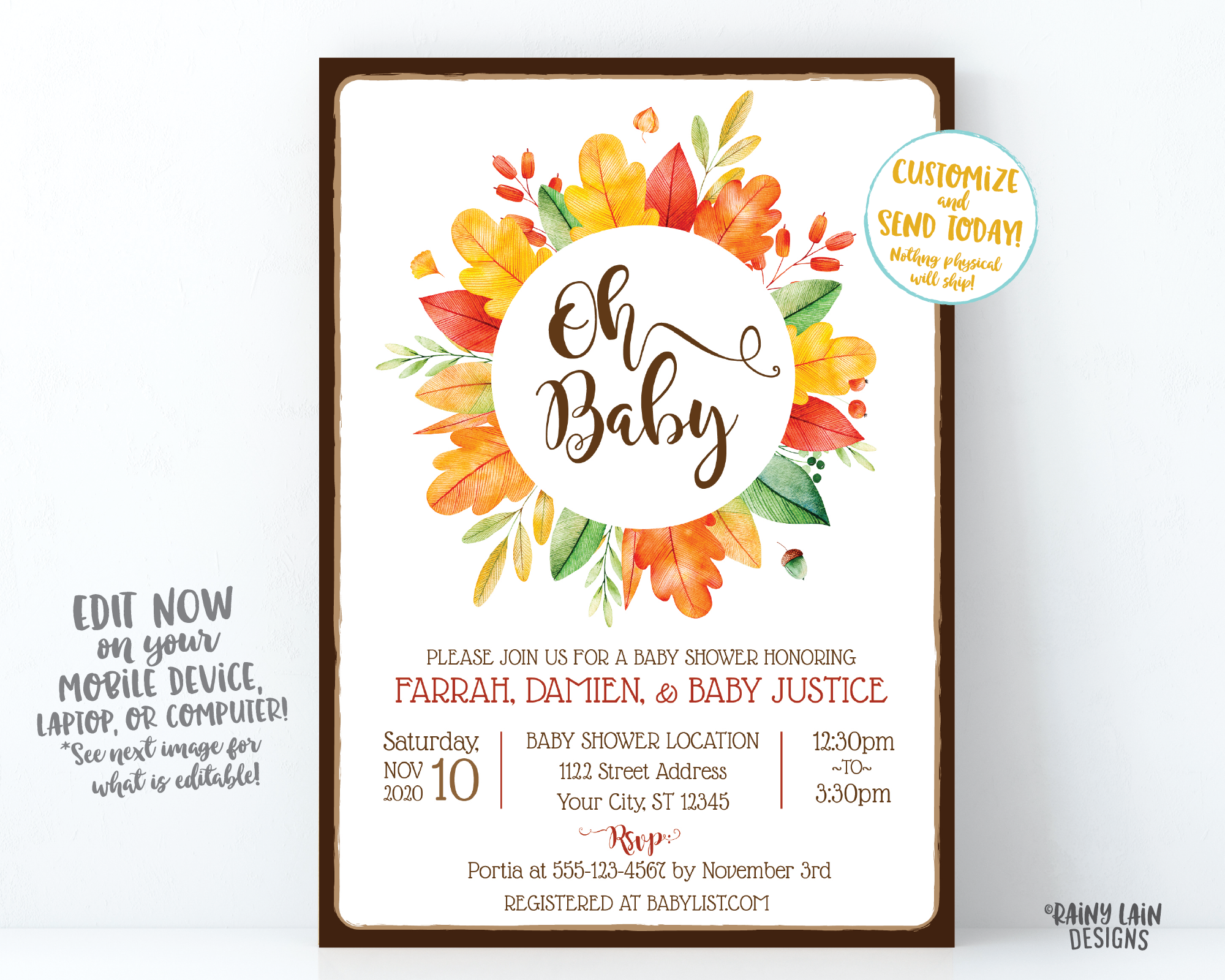 Fall Baby Shower Invitation, Fall Leaves, Fall Wreath, Gender Neutral, Fall Boy Baby Shower, Girl Fall Baby Shower, Oh Baby, Rustic, Autumn