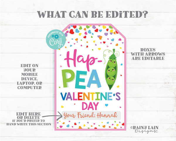 Hap PEA Valentine's Day Pea Pod Fidget Peas in a Pod Toy Valentine Gift Tag Hap-PEA Preschool Classroom Printable Kids Editable Non-Candy