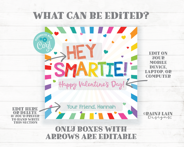 Hey Smartie Happy Valentine's Day Card Smarty Tag Cookie Candy Preschool Classroom Printable Kids Editable Easy Valentine