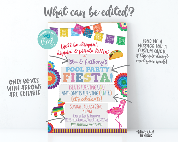 Joint Pool Party Invitation, Joint Fiesta Invite, Flamingo Pool Party, Sibling, Taco Pool Party, Piñata, Paper Fans, Papel Picado, Serape