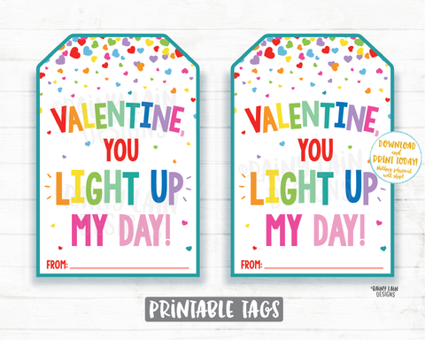 You light up my day Finger lights Valentine Tag, Glow Stick, Lite, Glow bracelet, Preschool Valentines Classroom Printable Valentine Tags