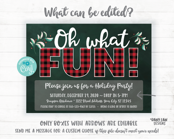 Oh What Fun Invitation, Oh What Fun Christmas Party Invite, Oh What Fun Holiday Party Invite, Flannel Invitation, Buffalo Plaid Invitation
