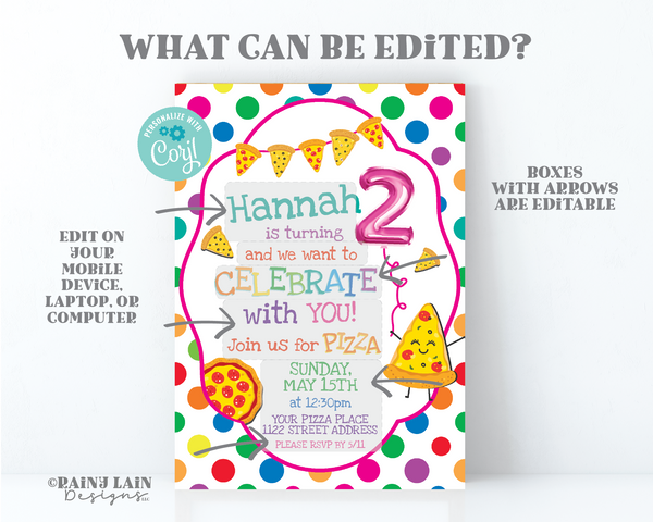 Pizza Party Invitation 2nd Birthday Invite Turning 2 Two Year Second Polka Dots Rainbow Pink Balloon Editable Digital Printable Colorful