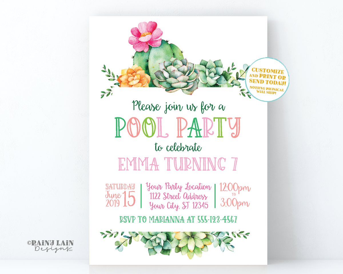succulent birthday invitations Cactus Pool Party Invitation, Succulent Birthday Invitation, Cacti,  Succulents, Fiesta Pool Party, Succulent Pool Party, Cactus Invitation