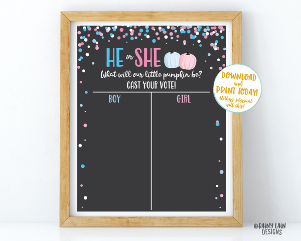 Pumpkin Gender Reveal Old Wives Tales Sign He or She What Will Our Little Pumpkin Be Voting Poster Welcome Sign Pink Blue Fall Chalkboard