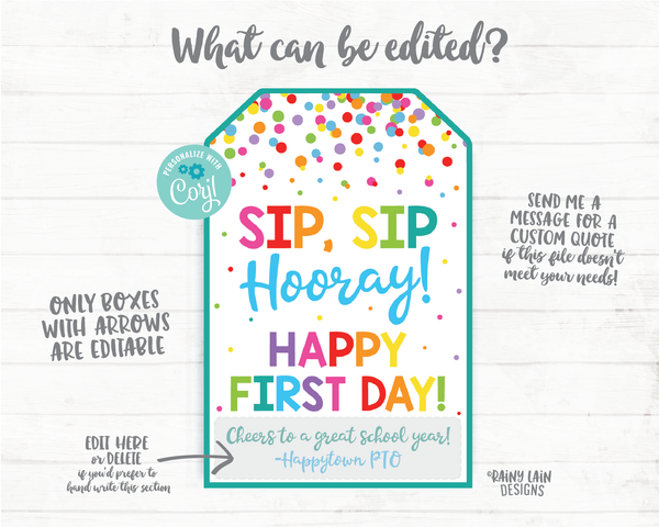 Sip Sip Hooray Happy First Day Tags, First Day of School Tags, Back to School, Teacher Student PTO Coffee Straw Principal Editable Printable