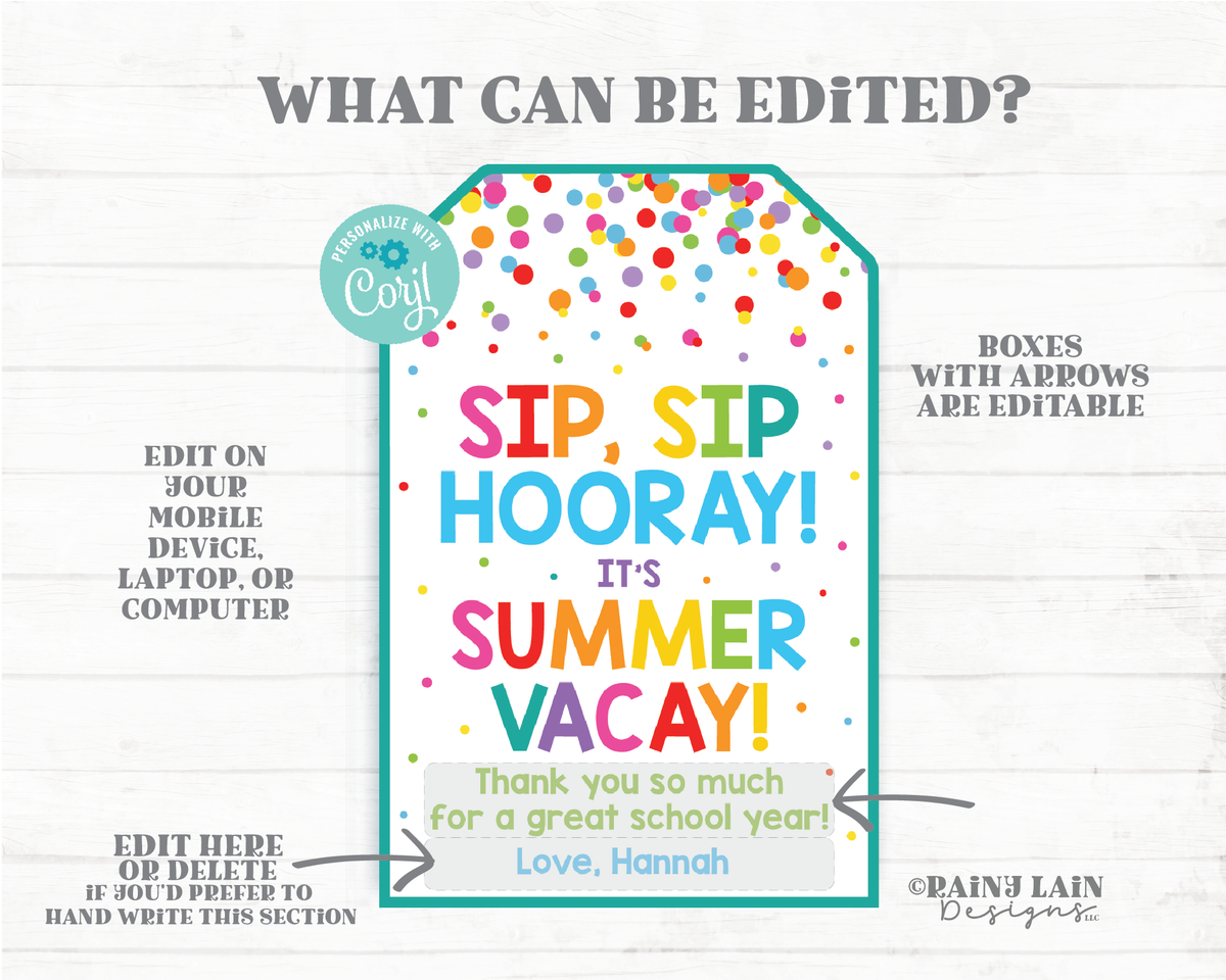 Sip Sip Hooray It's Summer Vacay Tags End of School Year Teacher Gift ...
