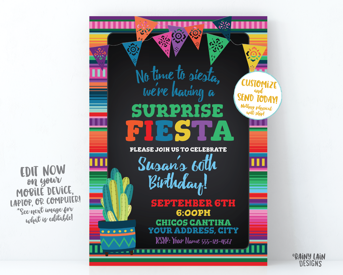 Chalkboard Fiesta Surprise Party Invitation, Surprise Fiesta Invite  Chalkboard, Adult Birthday Party Invite, 60th Birthday Invite, Cactus, image size:1200x960