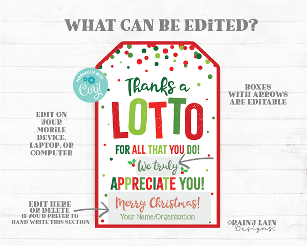 Thanks a Lotto for All you do Christmas Lotto Tags Lottery Gift Tag Holiday Gift Tag Staff Appreciation Friend Co-Worker Teacher Lotto Tag