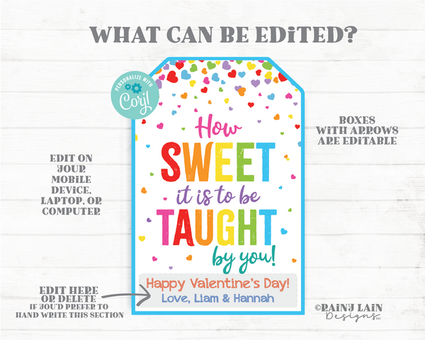 How sweet it is to be taught by you Teacher Valentine's Day Tag Sweets Chocolate Candy PTO Teacher Gift Tag Printable Valentine
