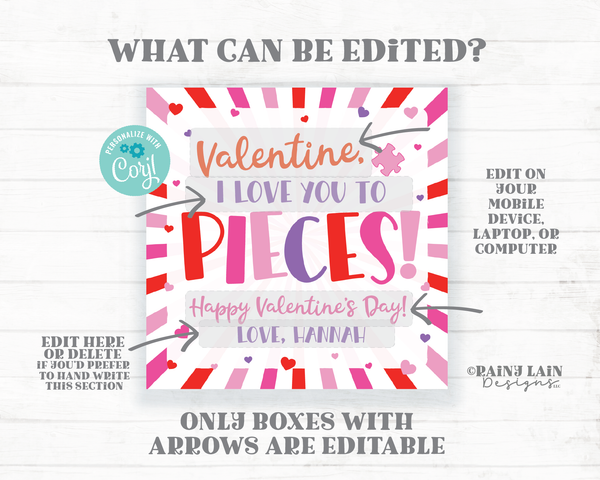 Love you to Pieces Valentine Tag Puzzle Candy Building Blocks Friend Printable Editable Preschool Non-Candy Classroom  Valentine's Day Tag