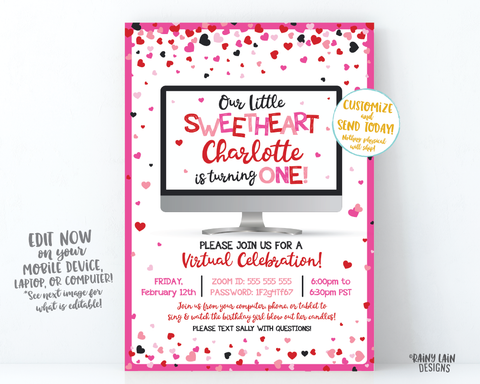 Valentine's Day First Birthday Invitation Our Little Sweetheart is Turning One Sweetheart invitation Valentine Birthday Confetti Hearts