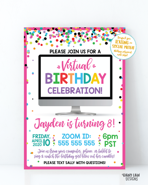 Virtual Birthday Party Invitation, Virtual Party Invitation, Video Chat Party, Social Distancing Party, Stay at Home Party, Zoom Party, Girl