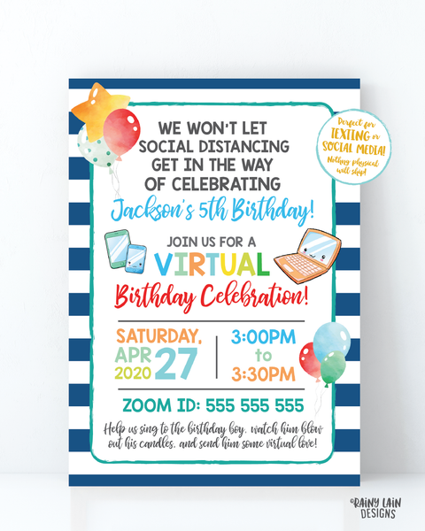 Virtual Birthday Party Invitation, Virtual Party Invitation, Social Distancing Party, Zoom Party Boy Video Chat Party, Stay at Home Party