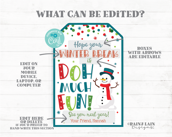 Winter Break Doh Much Fun Tag Play dough Gift Christmas Holiday Playdough From Teacher to Student Classroom Preschool Printable Non-Candy