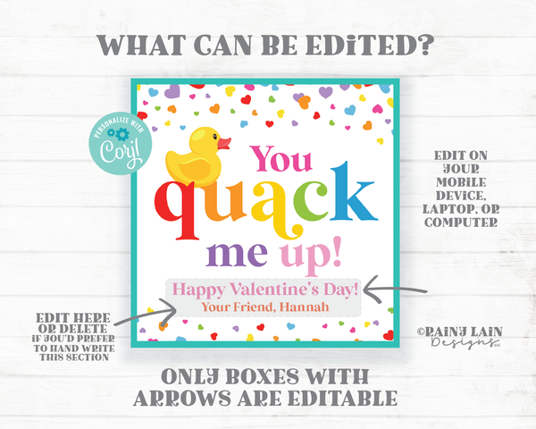 Rubber Duck Valentine's Day Gift Tag You Quack Me Up Valentine Tag Ducky Duckie Printable Preschool Classroom Kids Non-Candy Editable