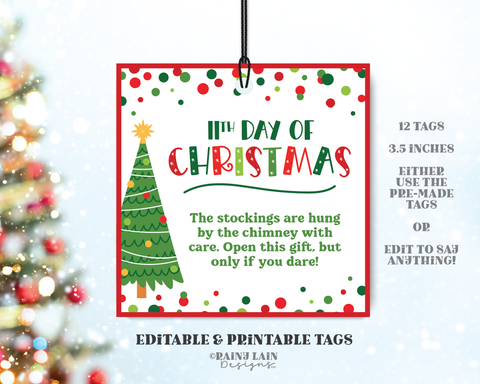 12 Days of Christmas Gift Tags, Editable Printable Cards, Square, Elf, Secret Santa Gift Exchange Office Co-worker