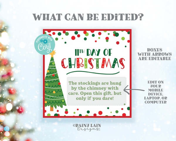 12 Days of Christmas Gift Tags, Editable Printable Cards, Square, Elf, Secret Santa Gift Exchange Office Co-worker