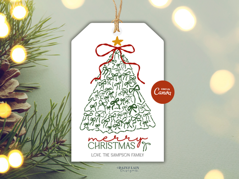 Hand Drawn Christmas Gift Tags, Coquette Bow Tree, Merry Christmas, Printable and Editable Canva Template
