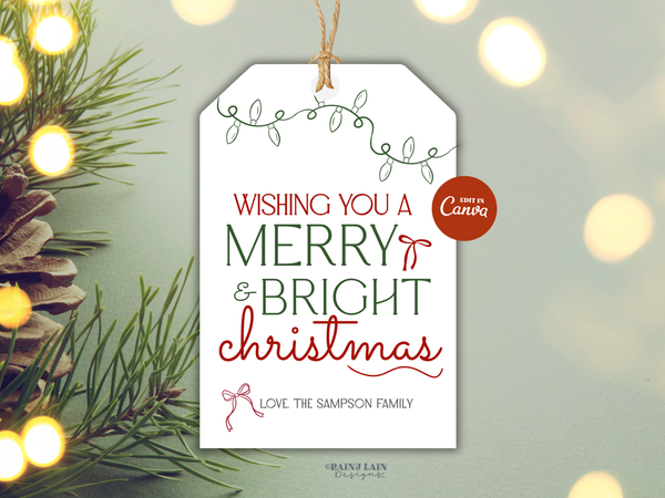 Merry and Bright Christmas Gift Tag, Hand Drawn, Coquette, Printable and Editable Canva