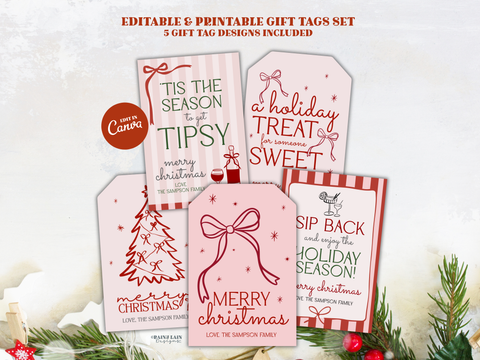 Pink Coquette Christmas Gift Tags Set, Hand Drawn Doodle Bows Tree, Printable Editable Canva
