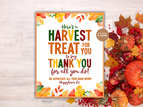 Harvest Treat Thank you Sign, Fall Appreciation Card, Thanksgiving Editable Canva Template