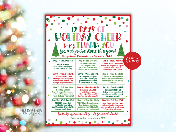 Editable Christmas Holiday Appreciation Flyer Template, 12 Days of Holiday Cheer, Christmas Calendar, Teacher School PTO PTA Event Itinerary