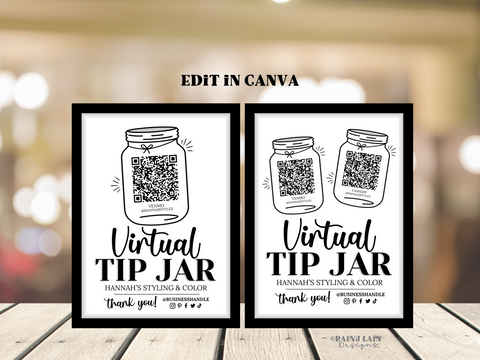 Virtual Tip Jar Sign, Printable QR Code Tips Sign Canva Template, Editable Tips Accepted Sign for Wedding Bar or Small Business