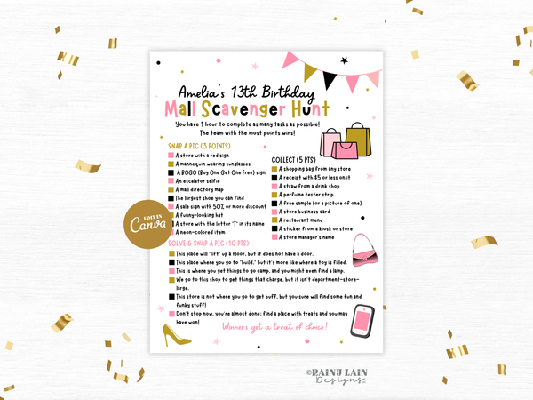 Mall Scavenger Hunt Game, Teen Birthday Party Activity, Tween Selfie Scavenger Hunt, Canva Template