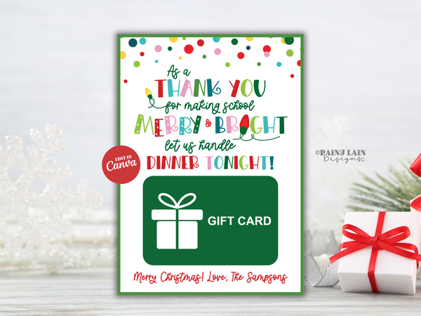 Personalized Christmas Gift Card Holder, Dinner On Us Teacher Gift Idea, Editable in Canva, Printable