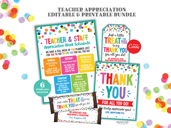 Teacher Appreciation Week Bundle, PTO Staff Kit, Editable Canva Templates, Candy Bar Wrapper, Gift Tag, Schedule, Thank You Sign/Card