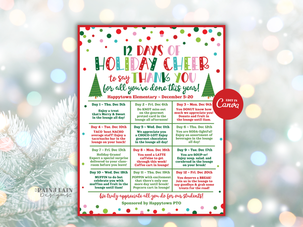 Editable Christmas Holiday Appreciation Flyer Template, 12 Days of Holiday Cheer, Christmas Calendar, Teacher School PTO PTA Event Itinerary
