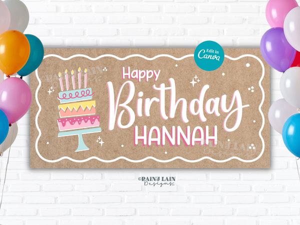 Happy Birthday Banner Template with Cake, Editable Canva Banner, 36 x 72, DIY Painted Sign