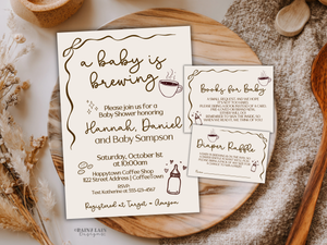 A Baby is Brewing Shower Bundle, Coffee Baby Shower Invitation, Doodle Hand Drawn Invite, Baby Shower Editable Bundle, Canva Template
