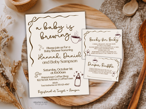 A Baby is Brewing Shower Bundle, Coffee Baby Shower Invitation, Doodle Hand Drawn Invite, Baby Shower Editable Bundle, Canva Template