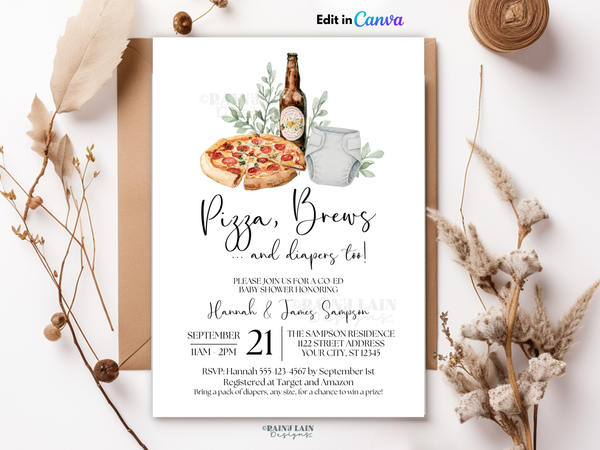 Pizza Brews & Diapers Too Baby Shower Invite, Gender Neutral, Co-Ed, Editable Canva Template