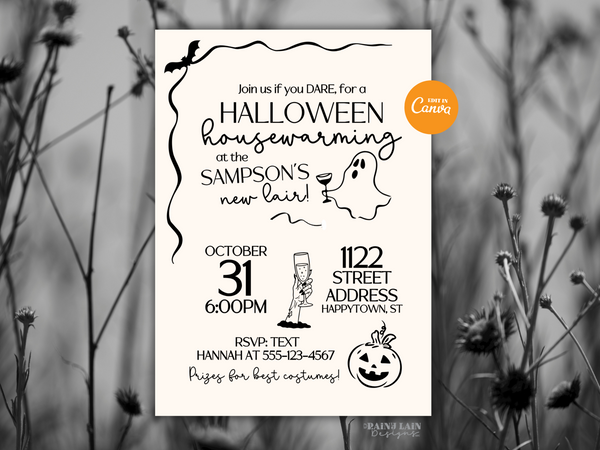 Halloween Housewarming Invitation Template, Party Invite, Editable in Canva, Hand drawn doodles