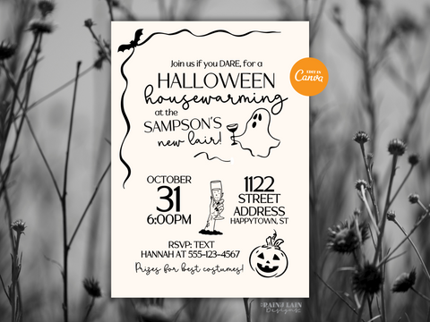 Halloween Housewarming Invitation Template, Party Invite, Editable in Canva, Hand drawn doodles