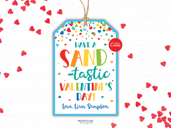 Sand-tastic Valentine Tag, Editable Kids Classroom Printable for Play Sand