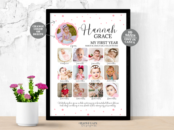 Milestone Birthday Sign, Printable Baby's First Year Poster Template, Editable 1st Birthday Milestone Board, 1st Birthday Photo Collage Sign