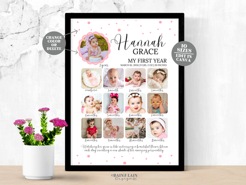 Milestone Birthday Sign, Printable Baby's First Year Poster Template, Editable 1st Birthday Milestone Board, 1st Birthday Photo Collage Sign