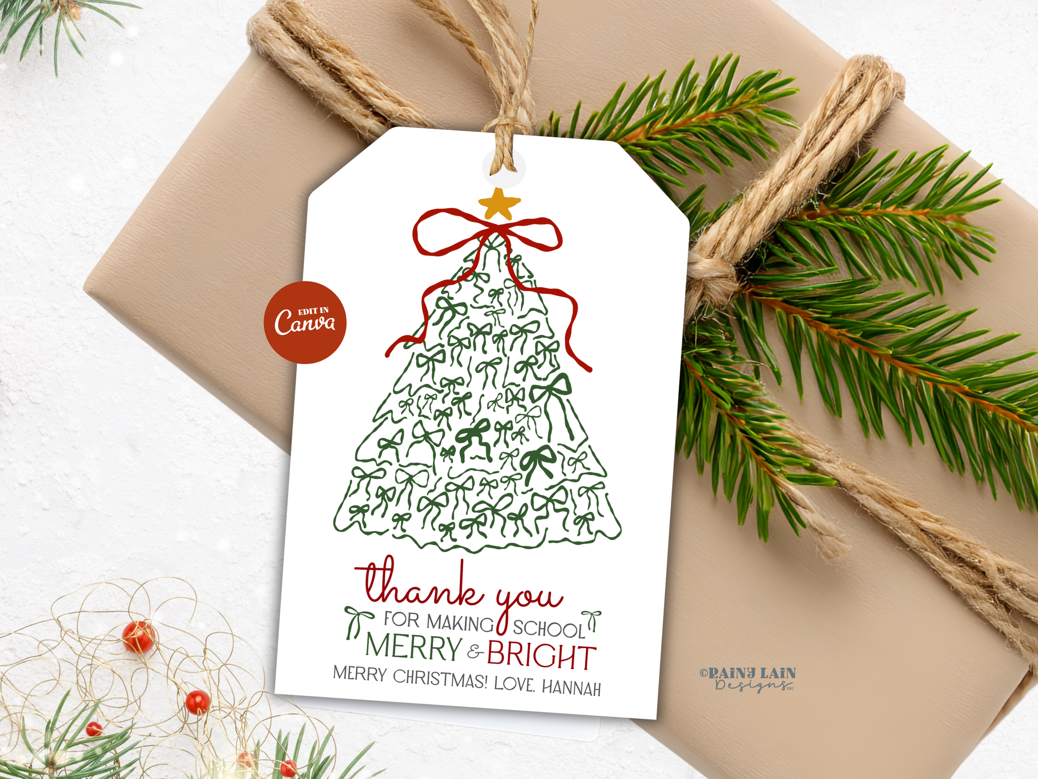 Merry and Bright Gift Tag, Hand Drawn Coquette Bow Tree Christmas, Printable and Editable Canva